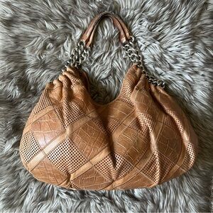 B Makowsky British Tan Leather Patchwork Shoulder Bag with Silver Chunky Metal 🐂